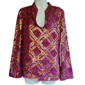 Tory Burch Hastings Lame Plaid Silk Chiffon Tunic Sz 2 XS